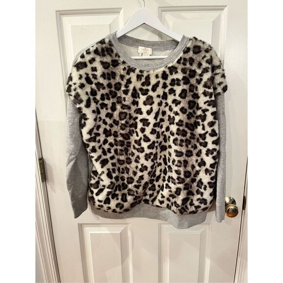 Kate Spade Gray Leopard Fur Sweatshirt sz L EUC Mob Wife Chic - Picture 1 of 7